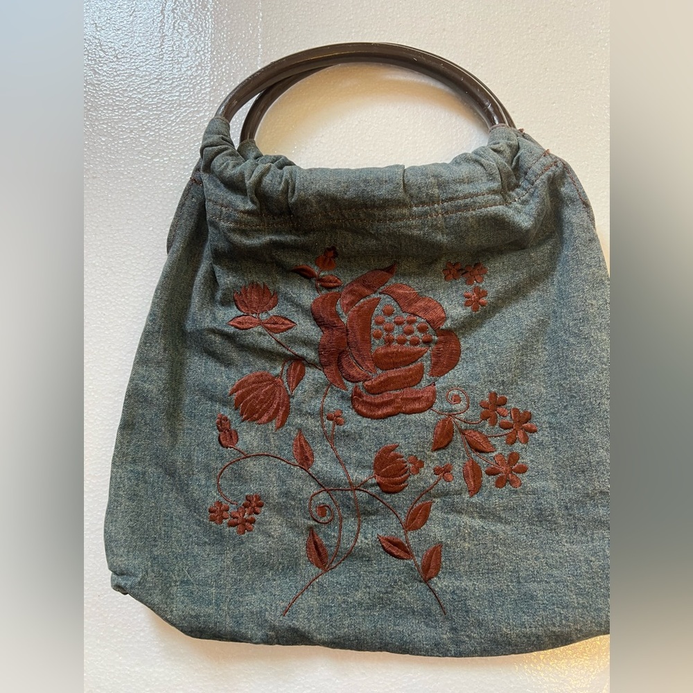 H&M Floral Embroidered Denim with Wood Handled Bag